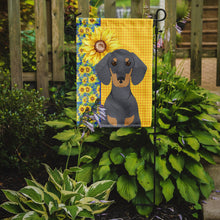 Load image into Gallery viewer, Summer Sunflowers Blue and Tan Dachshund Garden Flag – Decorative Outdoor Yard Flag