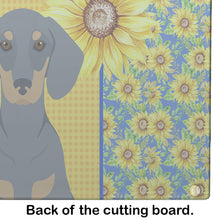 Load image into Gallery viewer, Summer Sunflowers Blue and Tan Dachshund Glass Cutting Boards – Durable, Decorative Kitchen Art Large