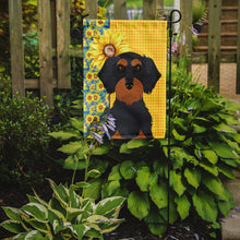 Load image into Gallery viewer, Summer Sunflowers Wirehair Black and Tan Dachshund Garden Flag – Decorative Outdoor Yard Flag