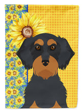 Load image into Gallery viewer, Summer Sunflowers Wirehair Black and Tan Dachshund Garden Flag – Decorative Outdoor Yard Flag