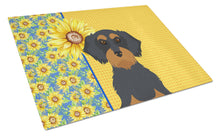 Load image into Gallery viewer, Summer Sunflowers Wirehair Black and Tan Dachshund Glass Cutting Boards – Durable, Decorative Kitchen Art Large