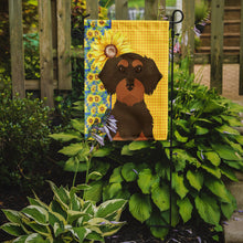 Load image into Gallery viewer, Summer Sunflowers Wirehair Chocolate and Tan Dachshund Garden Flag – Decorative Outdoor Yard Flag