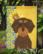 Load image into Gallery viewer, Summer Sunflowers Wirehair Chocolate and Tan Dachshund Garden Flag – Decorative Outdoor Yard Flag