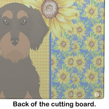 Load image into Gallery viewer, Summer Sunflowers Wirehair Chocolate and Tan Dachshund Glass Cutting Boards – Durable, Decorative Kitchen Art Large