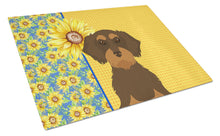 Load image into Gallery viewer, Summer Sunflowers Wirehair Chocolate and Tan Dachshund Glass Cutting Boards – Durable, Decorative Kitchen Art Large