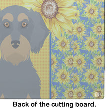 Load image into Gallery viewer, Summer Sunflowers Wirehair Blue and Tan Dachshund Glass Cutting Boards – Durable, Decorative Kitchen Art Large