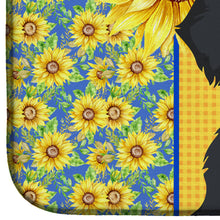 Load image into Gallery viewer, Summer Sunflowers Wirehair Black and Cream Dachshund Dish Drying Mat – Absorbent, Artistic Kitchen Essentials