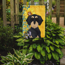Load image into Gallery viewer, Summer Sunflowers Wirehair Black and Cream Dachshund Garden Flag – Decorative Outdoor Yard Flag
