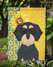Load image into Gallery viewer, Summer Sunflowers Wirehair Black and Cream Dachshund Garden Flag – Decorative Outdoor Yard Flag
