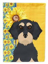 Load image into Gallery viewer, Summer Sunflowers Wirehair Black and Cream Dachshund Garden Flag – Decorative Outdoor Yard Flag