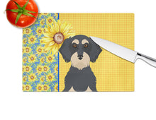 Load image into Gallery viewer, Summer Sunflowers Wirehair Black and Cream Dachshund Glass Cutting Boards – Durable, Decorative Kitchen Art Large