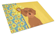 Load image into Gallery viewer, Summer Sunflowers Wirehair Red Dachshund Glass Cutting Boards – Durable, Decorative Kitchen Art Large