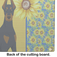 Load image into Gallery viewer, Summer Sunflowers Black and Tan Doberman Pinscher Glass Cutting Boards – Durable, Decorative Kitchen Art Large