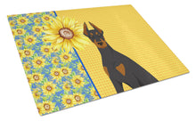 Load image into Gallery viewer, Summer Sunflowers Black and Tan Doberman Pinscher Glass Cutting Boards – Durable, Decorative Kitchen Art Large