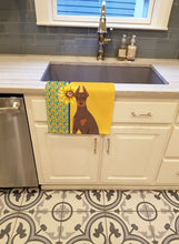 Load image into Gallery viewer, Summer Sunflowers Red and Tan Doberman Pinscher Kitchen Towel