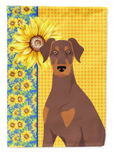 Load image into Gallery viewer, Summer Sunflowers Natural Ear Red and Tan Doberman Pinscher Garden Flag – Decorative Outdoor Yard Flag