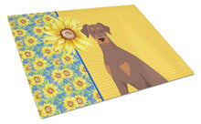 Load image into Gallery viewer, Summer Sunflowers Natural Ear Red and Tan Doberman Pinscher Glass Cutting Boards – Durable, Decorative Kitchen Art Large