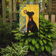 Load image into Gallery viewer, Summer Sunflowers Natural Ear Black and Tan Doberman Pinscher Garden Flag – Decorative Outdoor Yard Flag