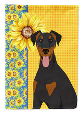 Load image into Gallery viewer, Summer Sunflowers Natural Ear Black and Tan Doberman Pinscher Garden Flag – Decorative Outdoor Yard Flag