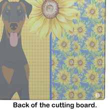 Load image into Gallery viewer, Summer Sunflowers Natural Ear Black and Tan Doberman Pinscher Glass Cutting Boards – Durable, Decorative Kitchen Art Large