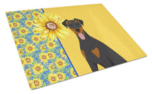 Load image into Gallery viewer, Summer Sunflowers Natural Ear Black and Tan Doberman Pinscher Glass Cutting Boards – Durable, Decorative Kitchen Art Large