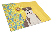 Load image into Gallery viewer, Summer Sunflowers Brindle English Bulldog Glass Cutting Boards – Durable, Decorative Kitchen Art Large