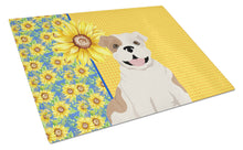 Load image into Gallery viewer, Summer Sunflowers Piebald English Bulldog Glass Cutting Boards – Durable, Decorative Kitchen Art Large