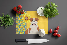 Load image into Gallery viewer, Summer Sunflowers Red English Bulldog Glass Cutting Boards – Durable, Decorative Kitchen Art Large
