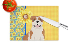 Load image into Gallery viewer, Summer Sunflowers Red English Bulldog Glass Cutting Boards – Durable, Decorative Kitchen Art Large