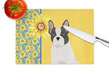 Load image into Gallery viewer, Summer Sunflowers Black and White French Bulldog Glass Cutting Boards – Durable, Decorative Kitchen Art Large