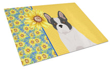 Load image into Gallery viewer, Summer Sunflowers Black and White French Bulldog Glass Cutting Boards – Durable, Decorative Kitchen Art Large