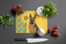 Load image into Gallery viewer, Summer Sunflowers Black and Tan German Shepherd Glass Cutting Boards – Durable, Decorative Kitchen Art Large