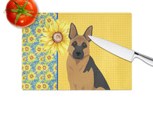 Load image into Gallery viewer, Summer Sunflowers Black and Tan German Shepherd Glass Cutting Boards – Durable, Decorative Kitchen Art Large