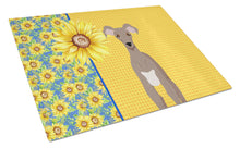 Load image into Gallery viewer, Summer Sunflowers Fawn Italian Greyhound Glass Cutting Boards – Durable, Decorative Kitchen Art Large