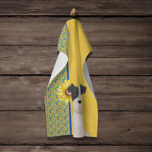 Load image into Gallery viewer, Summer Sunflowers Black White Wirehair Jack Russell Terrier Kitchen Towel