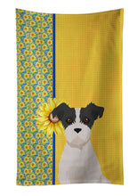 Load image into Gallery viewer, Summer Sunflowers Black White Wirehair Jack Russell Terrier Kitchen Towel