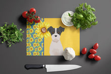 Load image into Gallery viewer, Summer Sunflowers Black White Wirehair Jack Russell Terrier Glass Cutting Boards – Durable, Decorative Kitchen Art Large