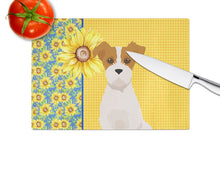 Load image into Gallery viewer, Summer Sunflowers Brown White Wirehair Jack Russell Terrier Glass Cutting Boards – Durable, Decorative Kitchen Art Large