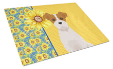 Load image into Gallery viewer, Summer Sunflowers Brown White Wirehair Jack Russell Terrier Glass Cutting Boards – Durable, Decorative Kitchen Art Large