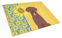 Load image into Gallery viewer, Summer Sunflowers Chocolate Labrador Retriever Glass Cutting Boards – Durable, Decorative Kitchen Art Large