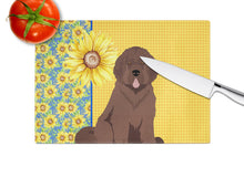 Load image into Gallery viewer, Summer Sunflowers Brown Newfoundland Glass Cutting Boards – Durable, Decorative Kitchen Art Large