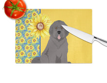 Load image into Gallery viewer, Summer Sunflowers Grey Newfoundland Glass Cutting Boards – Durable, Decorative Kitchen Art Large
