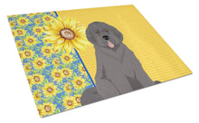 Load image into Gallery viewer, Summer Sunflowers Grey Newfoundland Glass Cutting Boards – Durable, Decorative Kitchen Art Large