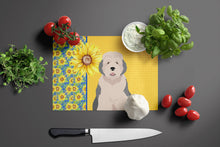 Load image into Gallery viewer, Summer Sunflowers Old English Sheepdog Glass Cutting Boards – Durable, Decorative Kitchen Art Large