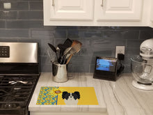 Load image into Gallery viewer, Summer Sunflowers Black and White Papillon Glass Cutting Boards – Durable, Decorative Kitchen Art Large