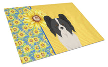 Load image into Gallery viewer, Summer Sunflowers Black and White Papillon Glass Cutting Boards – Durable, Decorative Kitchen Art Large