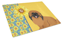 Load image into Gallery viewer, Summer Sunflowers Red Pekingese Glass Cutting Boards – Durable, Decorative Kitchen Art Large