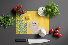 Load image into Gallery viewer, Summer Sunflowers White Pekingese Glass Cutting Boards – Durable, Decorative Kitchen Art Large