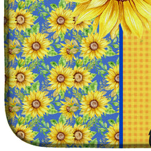 Load image into Gallery viewer, Summer Sunflowers Black and Tan Pomeranian Dish Drying Mat – Absorbent, Artistic Kitchen Essentials