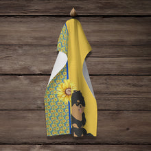 Load image into Gallery viewer, Summer Sunflowers Black and Tan Pomeranian Kitchen Towel